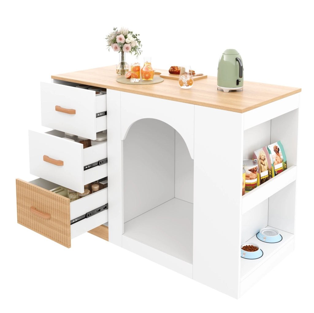 Isola da cucina con 3 cassetti e spazio per animali, bianca, 120 x 60 x 90 cm