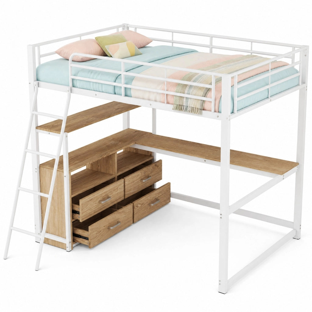 Letto a soppalco 140 × 200 cm con scrivania a L cassetti struttura in metallo e MDF bianco