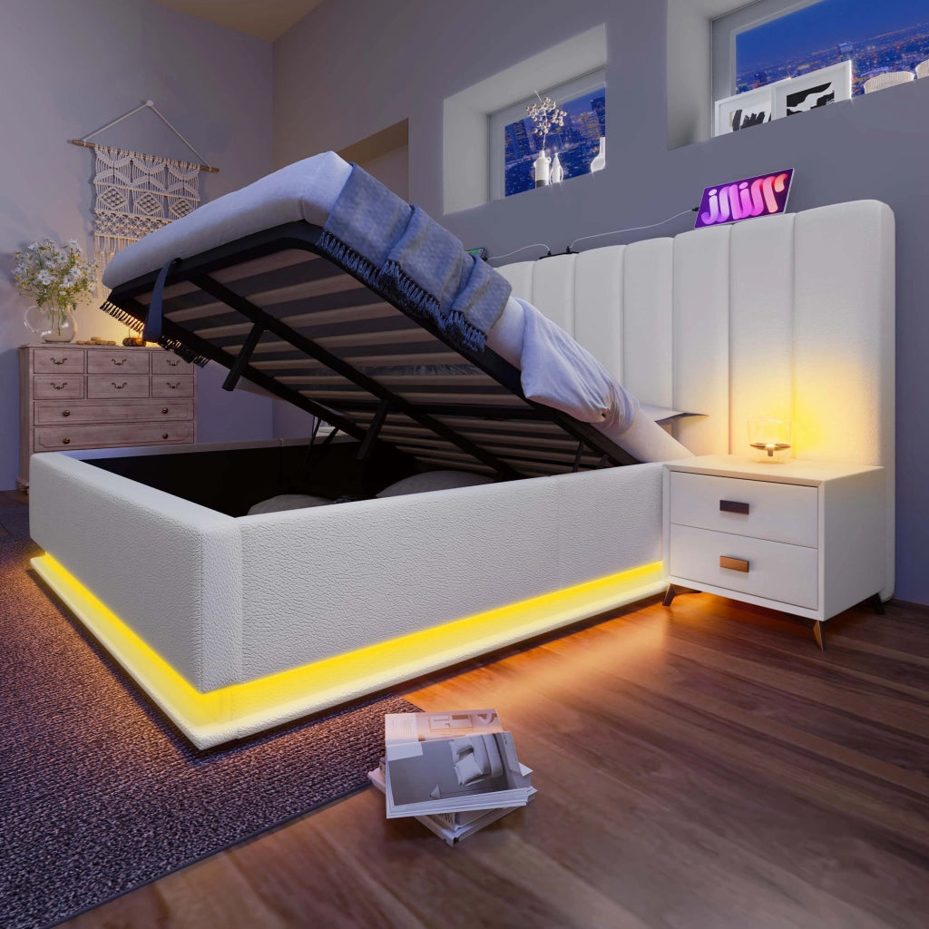 Letto matrimoniale contenitore 160 × 200 cm con LED controllabile tramite app e ricarica USB C in PU bianco