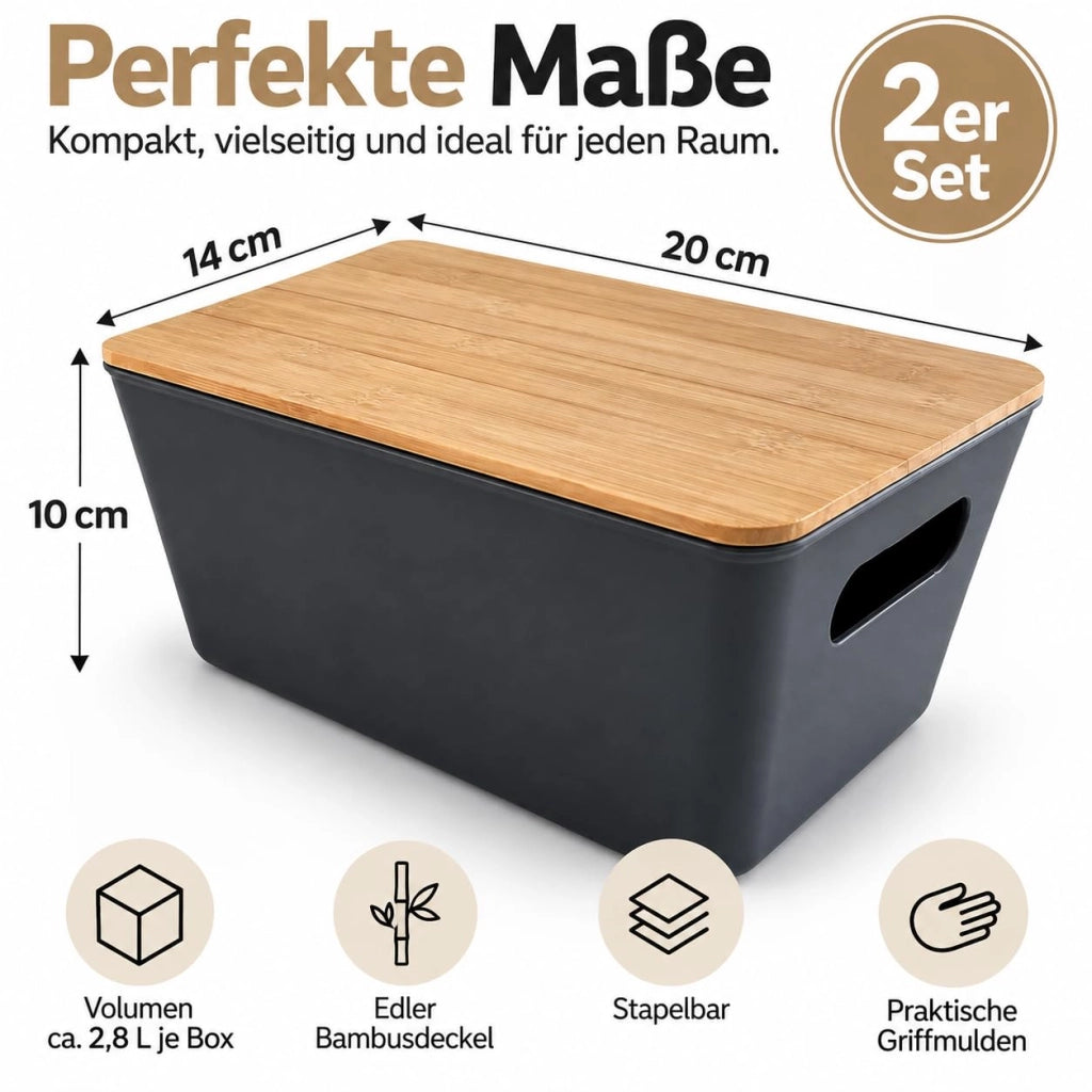 Set di 2 contenitori, con coperchio in bambù, dimensioni 20x14x10 cm, colore antracite