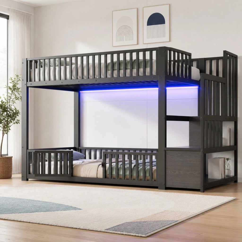 Letto a castello basso 90x200 cm con scala contenitore; LED e protezioni; nero