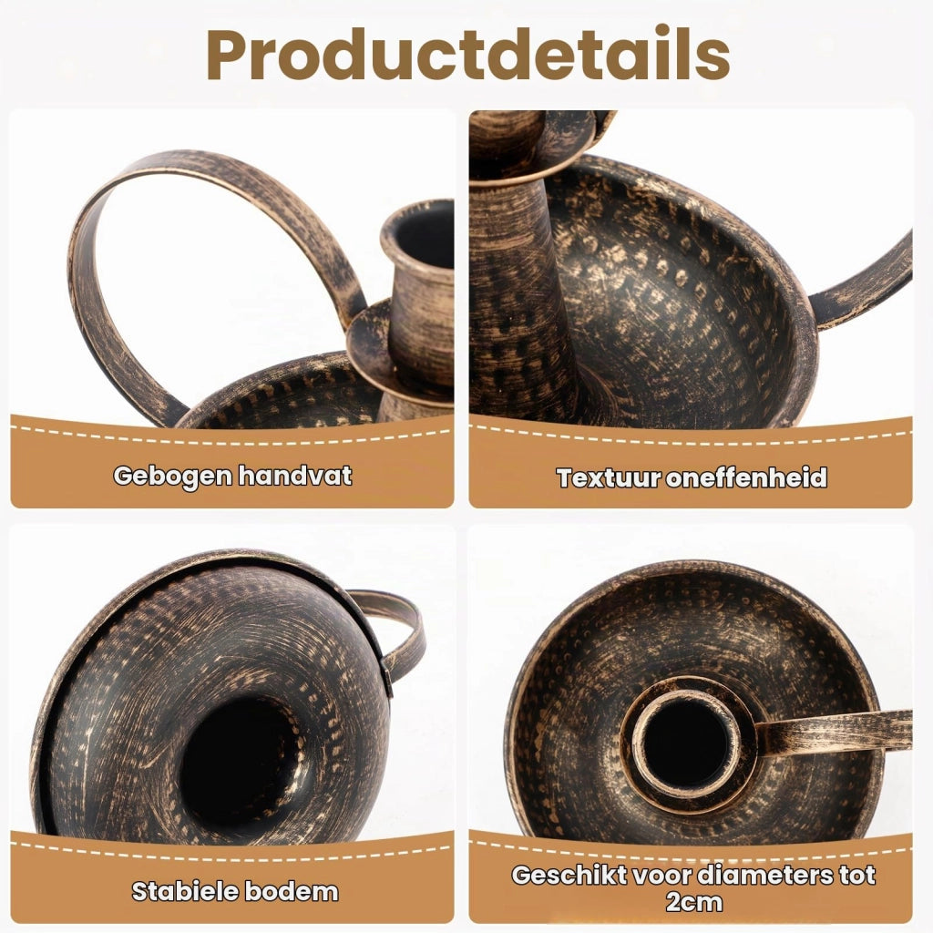 Set di 2 portacandele in stile retrò, realizzati in ferro, con manico curvo, finitura bronzo