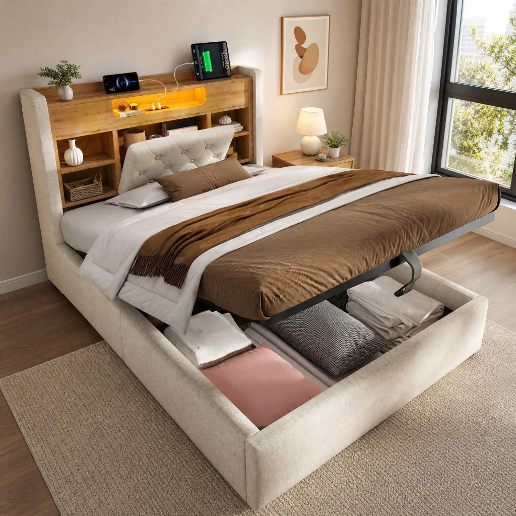 Letto singolo 90 × 200 cm con contenitore idraulico LED USB Type C in lino beige con testiera a ripiani