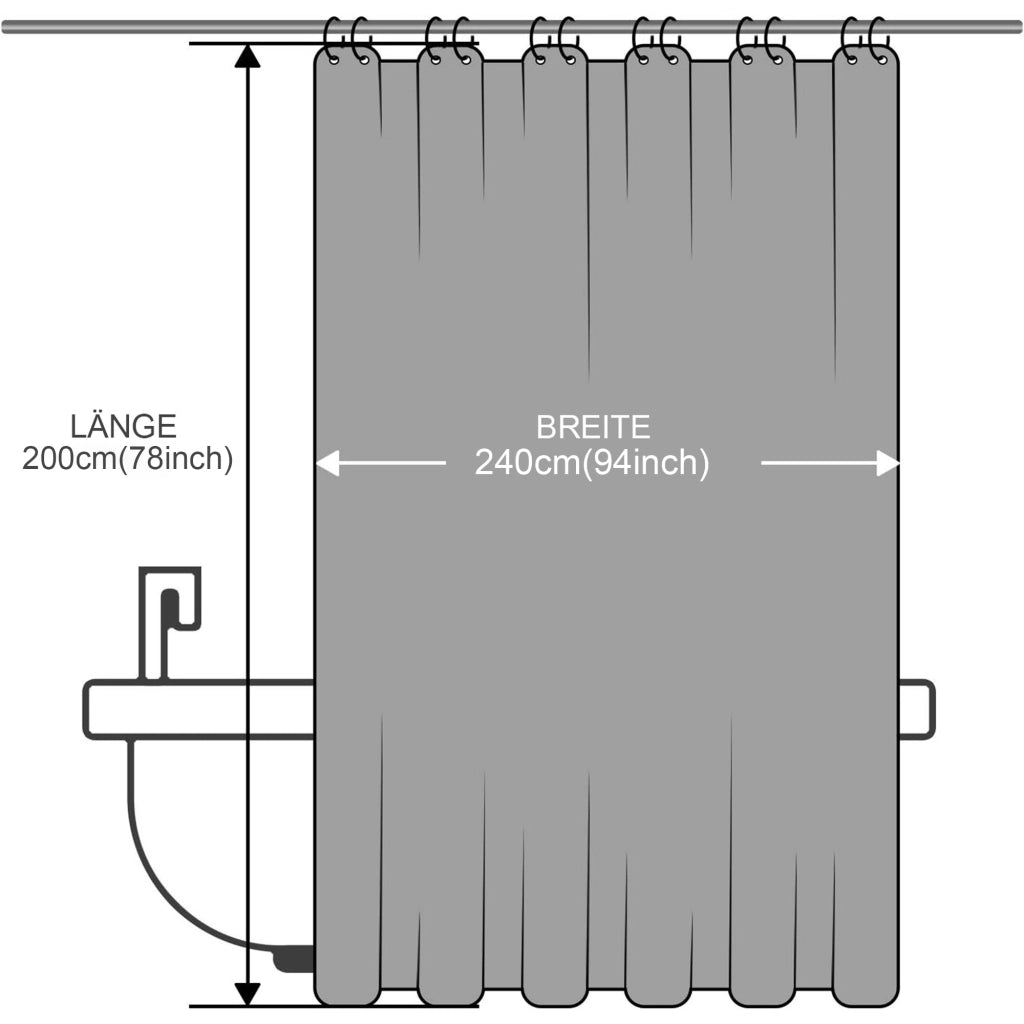 Tenda da doccia nera 200 x 240 cm con ganci