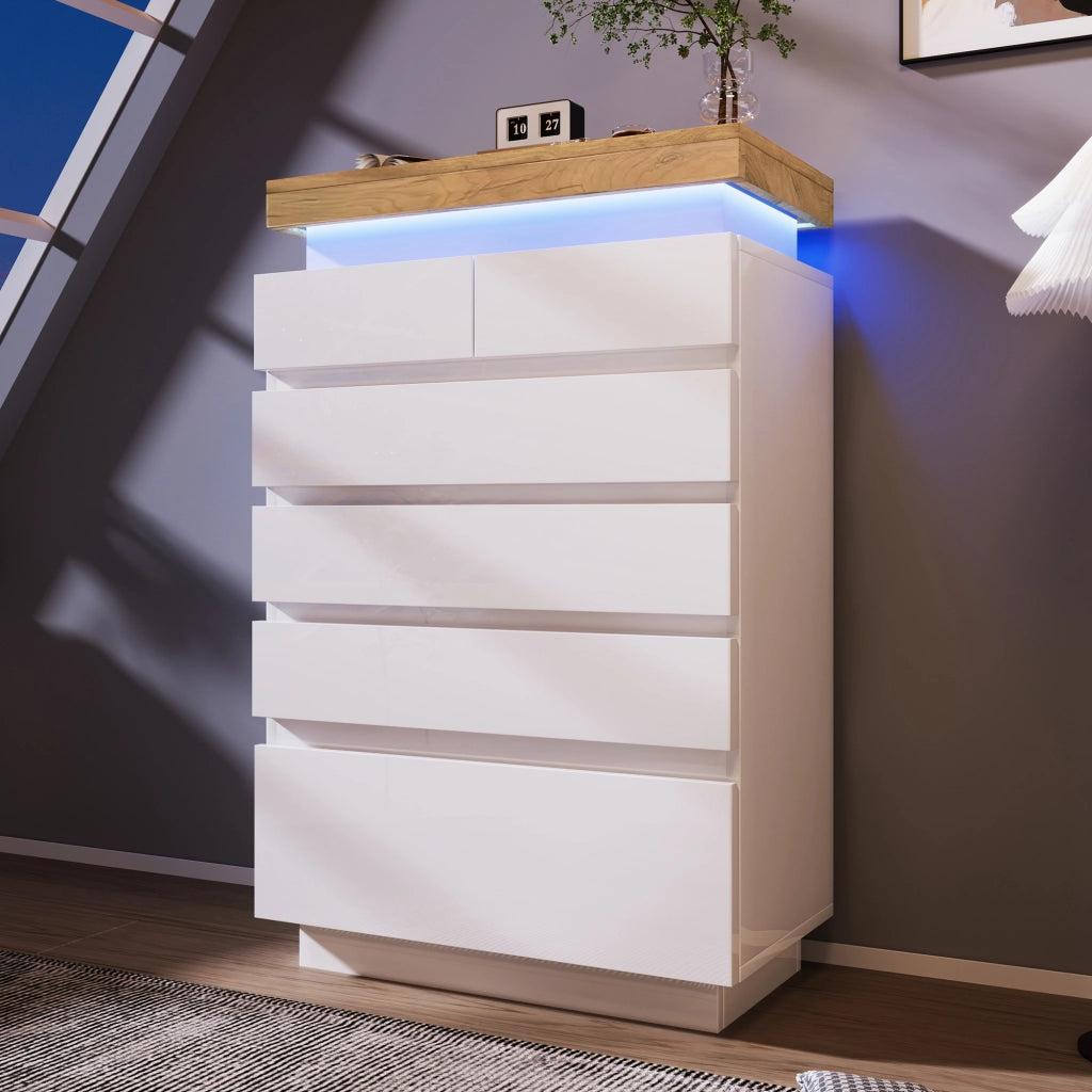 Credenza con 6 cassetti e illuminazione LED controllabile tramite app; 73x39x115 cm; bianco lucido