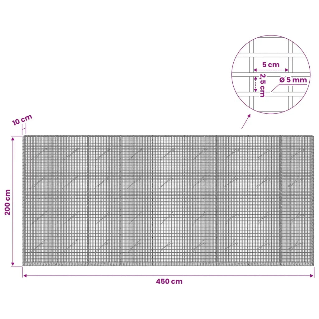 Gabione con Filo da 5 mm e Rete da 5x2,5 cm 450x10x200 cm 3463539