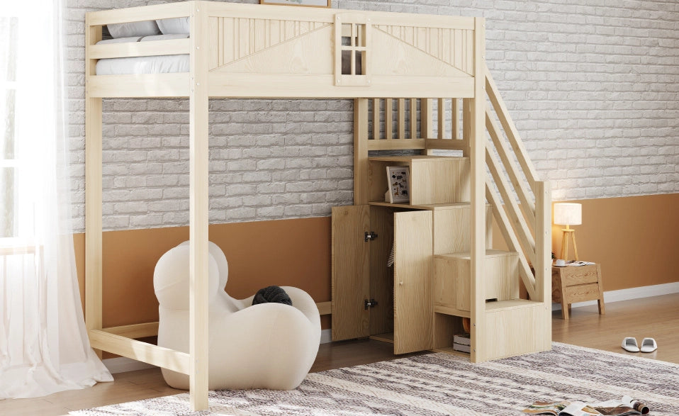 Letto a soppalco in legno massiccio 90 x 200 cm con scala di sicurezza reversibile e spazio multifunzionale