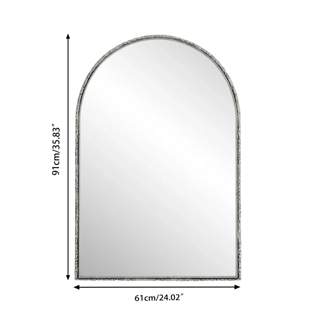 Specchio ad arco ULEVR da parete o tavolo, vetro temperato e cornice in ferro argentato