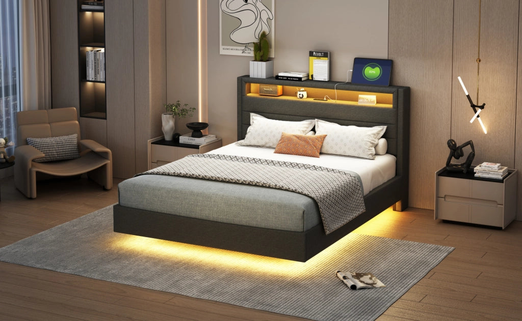 Letto imbottito 140x200 cm con USB, luci LED multicolore e testiera girevole in lino grigio