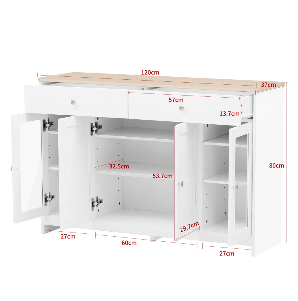 MADIA 120x37x80 cm in MDF bianca e color legno, 4 ante e 2 cassetti