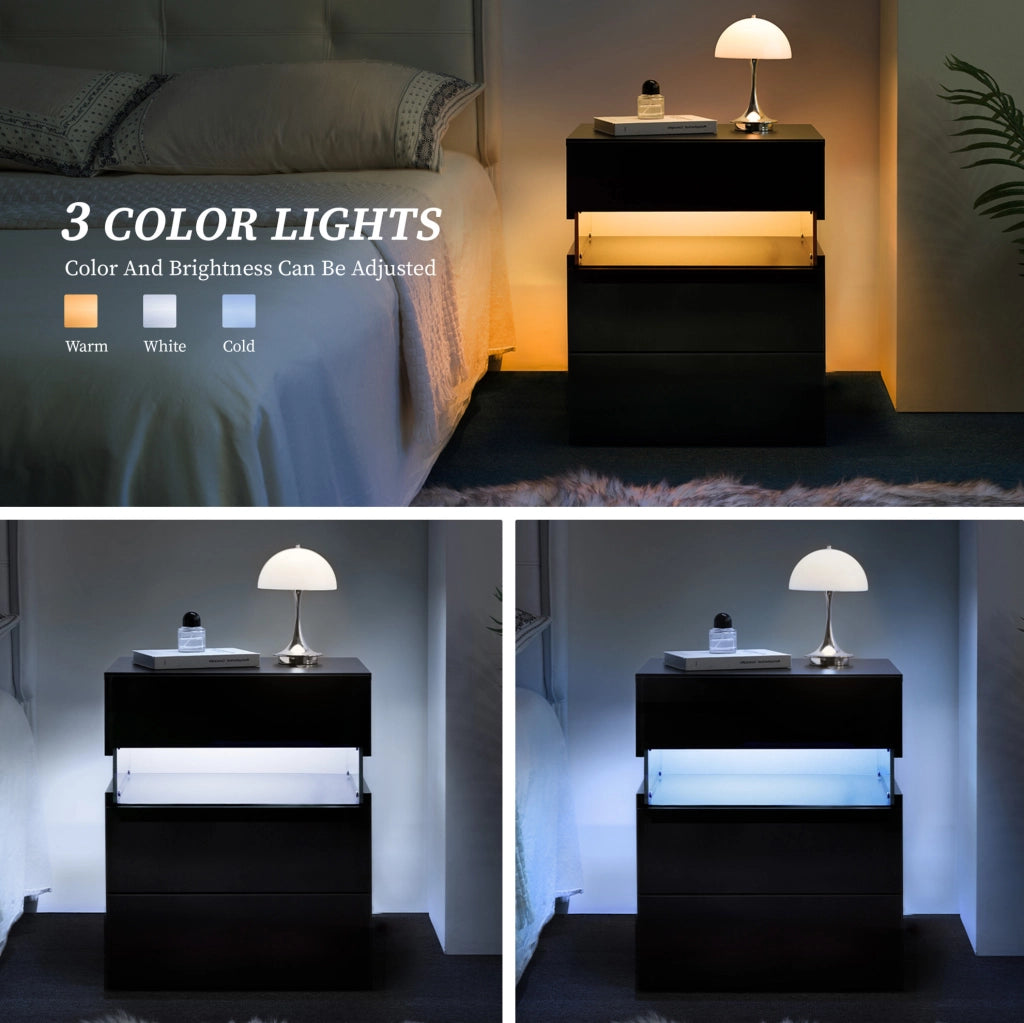 Comodino LED con 3 Cassetti e Pannello Acrilico Nero per Camera da Letto e Soggiorno
