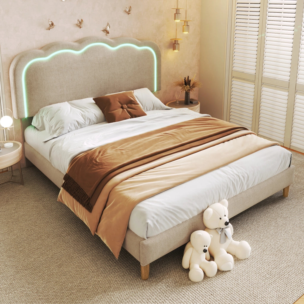 Letto matrimoniale imbottito 140x200 cm beige con testiera LED