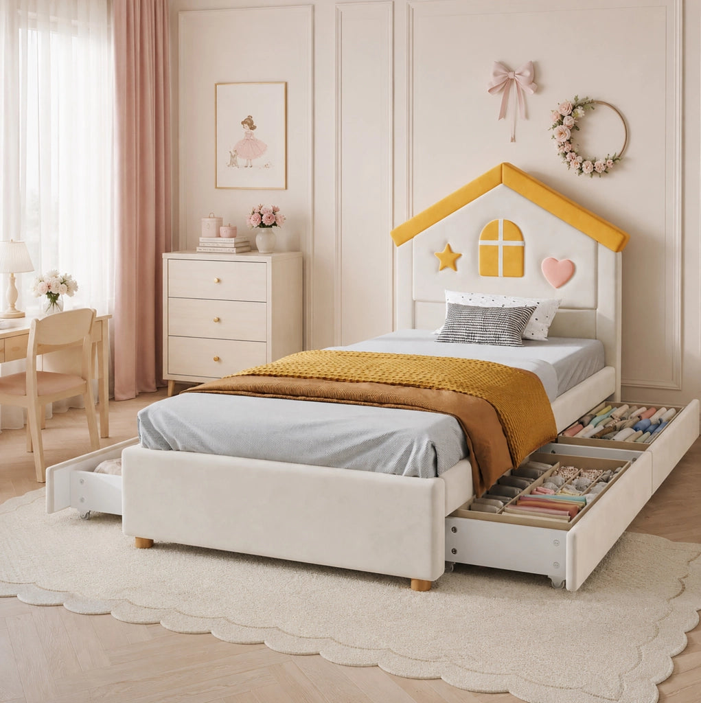 Letto imbottito per bambini 90 x 200 cm beige con 4 cassetti