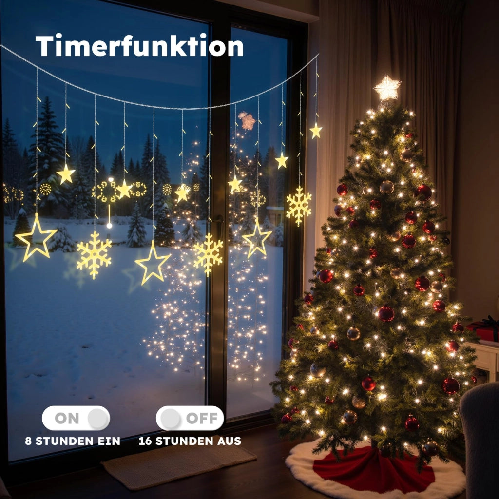 Tenda luminosa con stelle e fiocchi di neve, 1,65 m, luce bianco caldo, alimentazione USB, timer