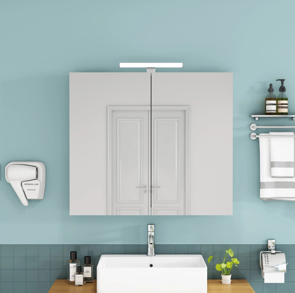 Mobiletto bagno a specchio bianco 80 cm con 2 ante, illuminazione LED e presa francese, mensole in vetro regolabili, cerniere ammortizzate, montaggio a parete