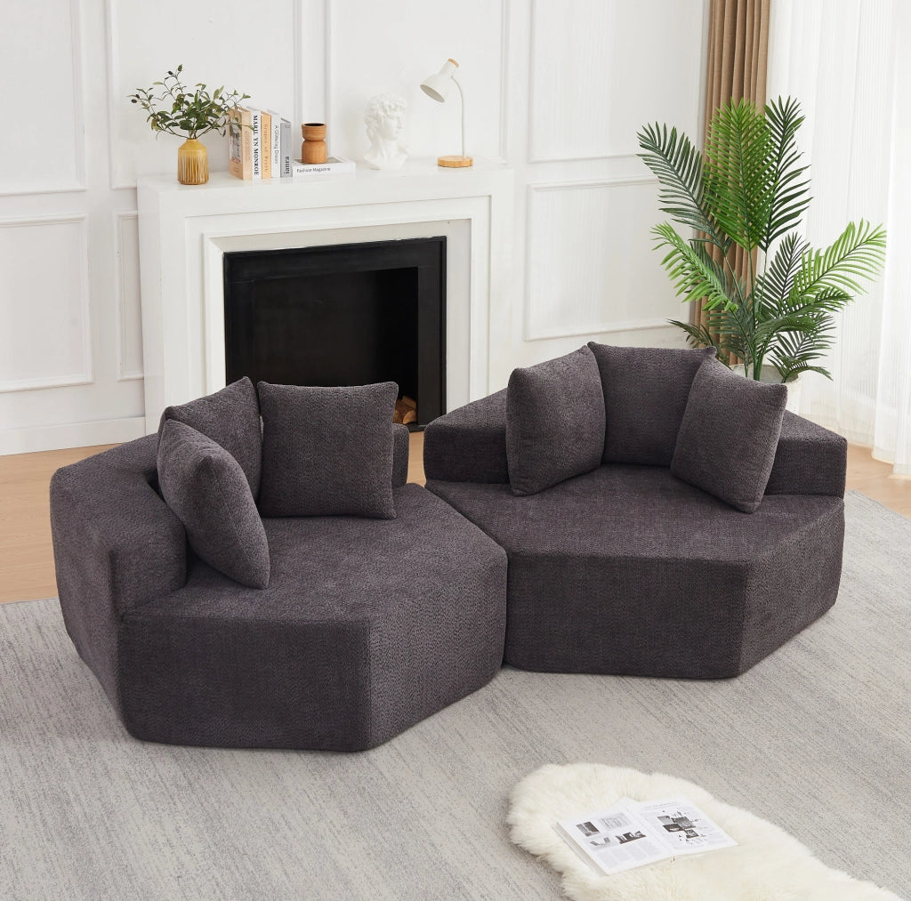 Poltrona modulare esagonale 138x122x76 cm in ciniglia grigia con 3 cuscini