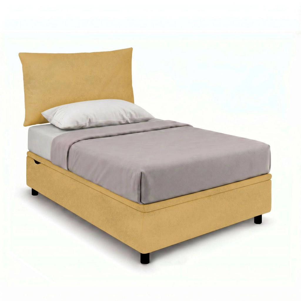Letto Singolo Contenitore Imbottito 80x190 cm Microfibra Ocra BoxMax Testata Soft
