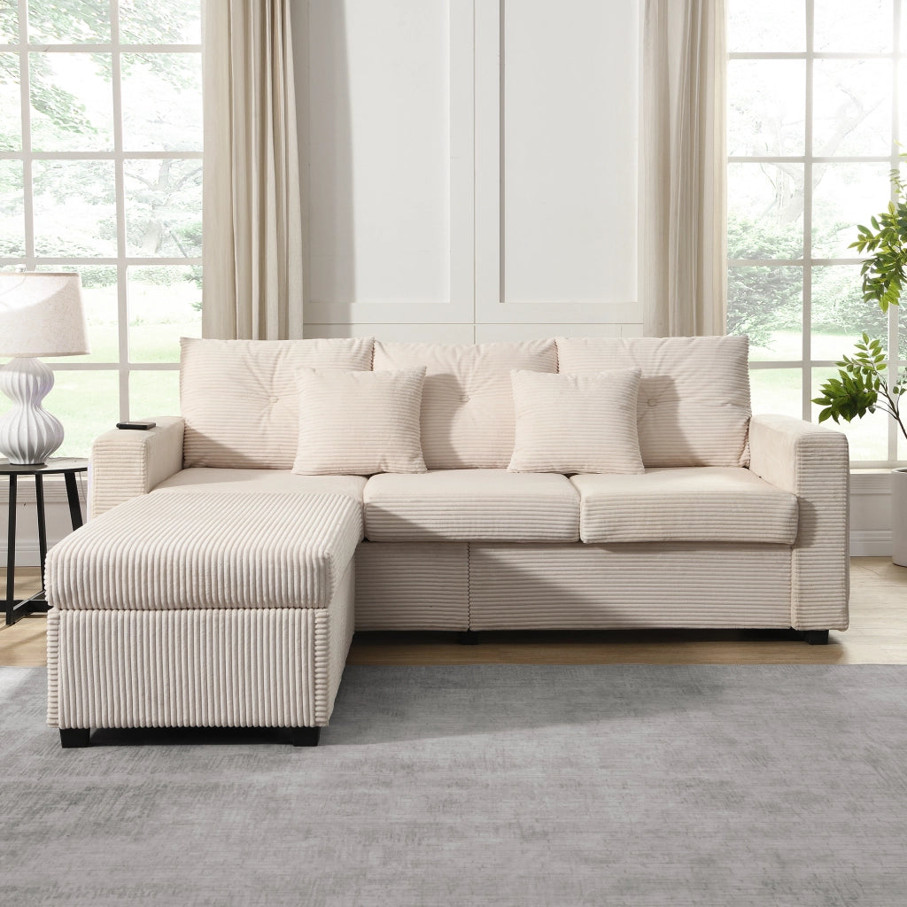 Divano 3 posti con pouf 98x51 cm e LED controllabili tramite app; modulare a L; velluto a coste beige