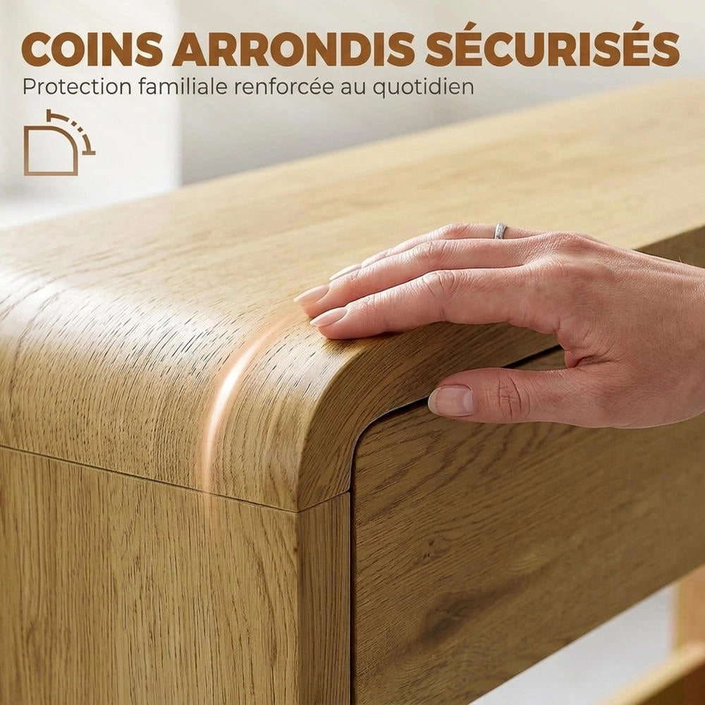 Tavolo consolle con 2 cassetti per ingresso e soggiorno, mobile in legno naturale, piano spesso e angoli arrotondati, 100 x 30 x 85 cm