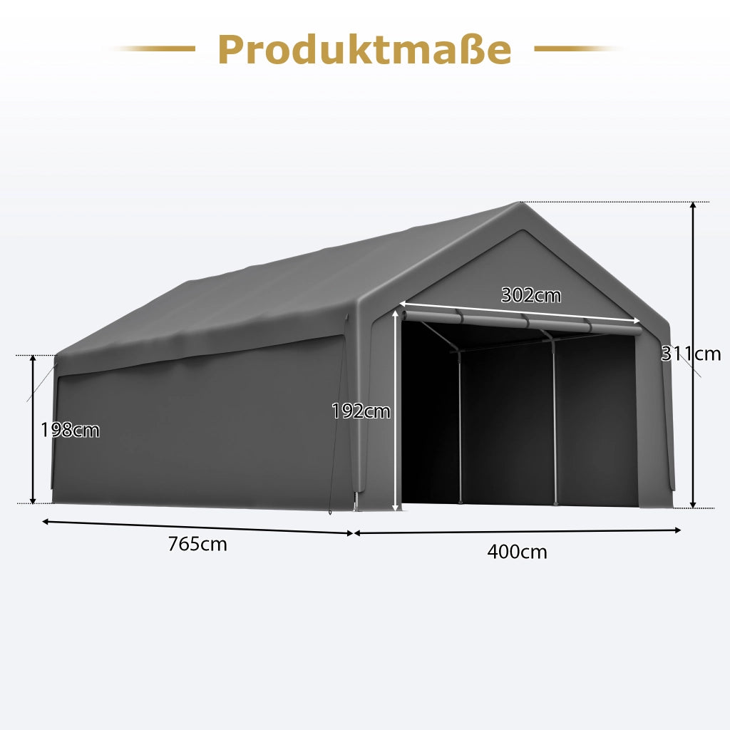Carport per auto; camion e barca 400 x 765 cm in acciaio zincato grigio