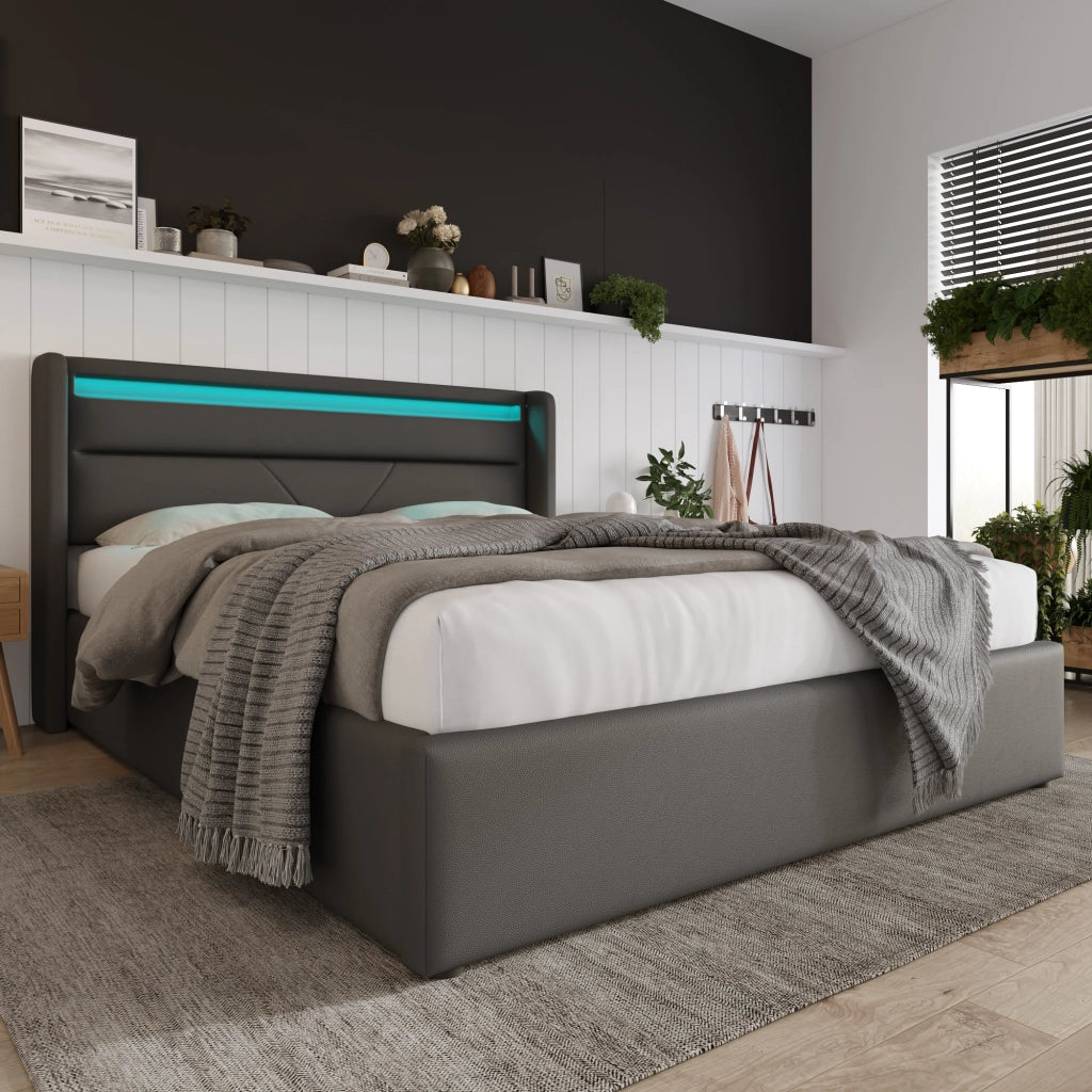 Letto matrimoniale contenitore 140 × 200 cm imbottito in PU grigio con LED rete a doghe e sollevamento idraulico