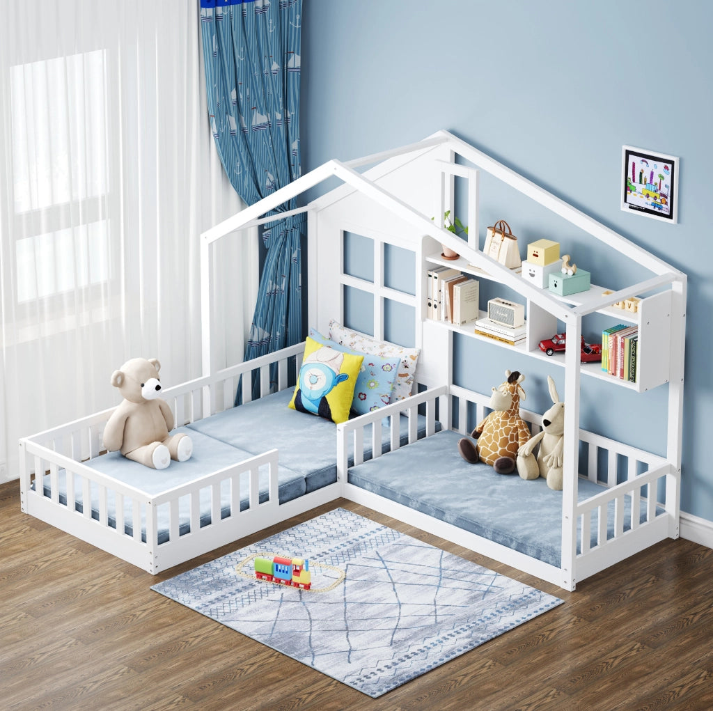 Letto a casetta per bambini 90x200 cm con mensole, sponde di sicurezza e rete, bianco
