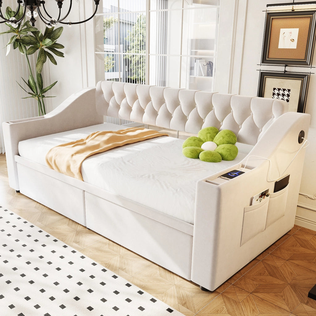 Divano letto 214,5x96x78,5 cm con contenitore, cassetti e USB in velluto beige per piccoli spazi, moderno