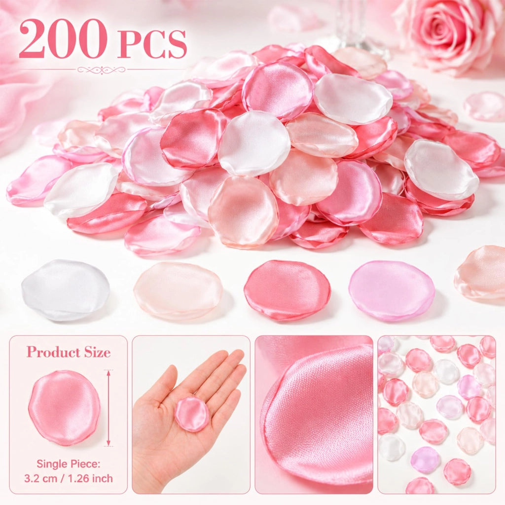 200 petali di rosa artificiali, 3,2 cm, poliestere, rosa e bianco