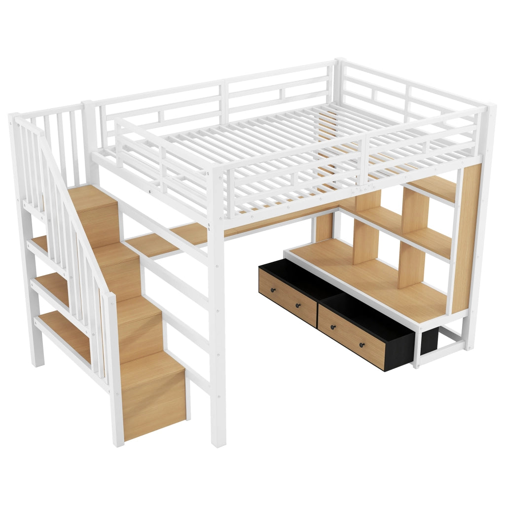 Letto a soppalco 140 × 200 cm con scrivania scaffali cassetti scala contenitore LED in MDF e metallo bianco