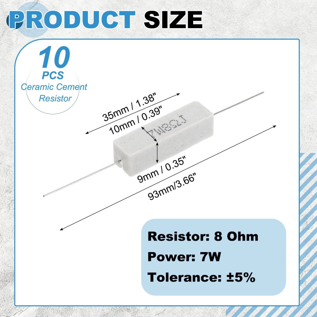 Resistore in cemento ceramico, 8 Ohm, 7 W, tolleranza ±5 %, a filo avvolto, orizzontale, per audio, alimentatore, crossover (10 pezzi)
