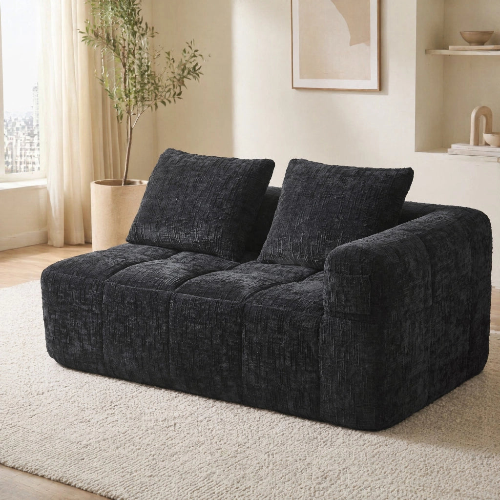 Divano a 2 posti 158x90x60 cm in ciniglia nera, senza montaggio, tasche laterali