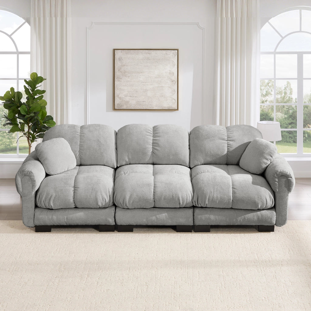 Divano 3 posti cloud 260x86x90 cm in ciniglia grigio chiaro con 2 cuscini, montaggio facile