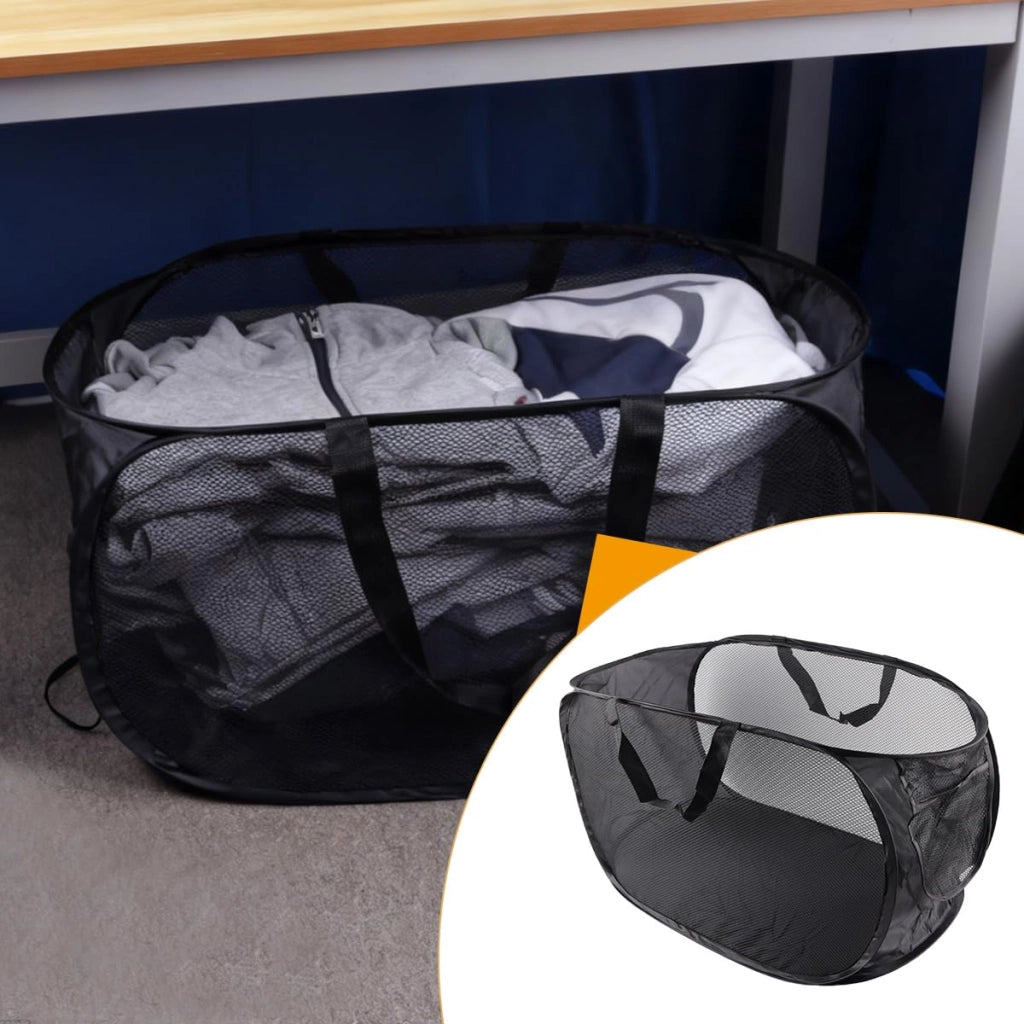 Cesto portabiancheria pieghevole in rete, dimensioni 58x36x36 cm, con maniglie e tasca laterale