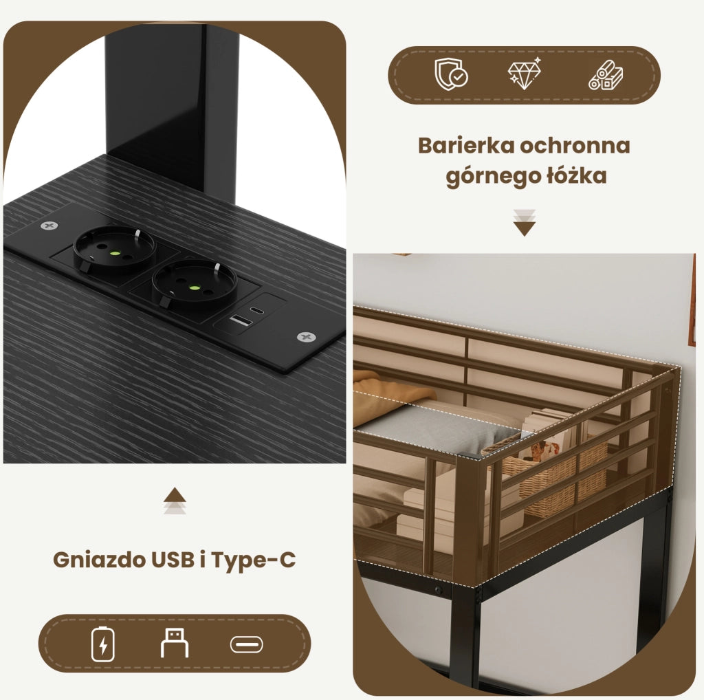 Letto a Castello Matrimoniale 90x200 cm con Scrivania e Porte USB Nero in Ferro e MDF