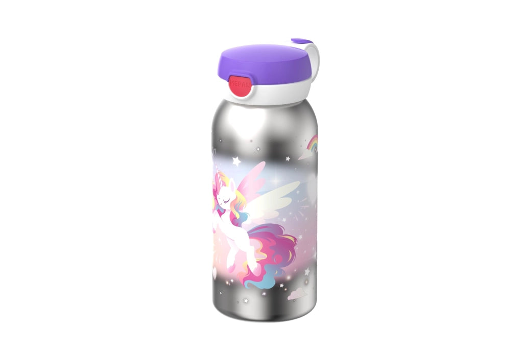 Borraccia termica da 500 ml, con tappo a scatto, design "Unicorno Glow", adatta per bevande gassate