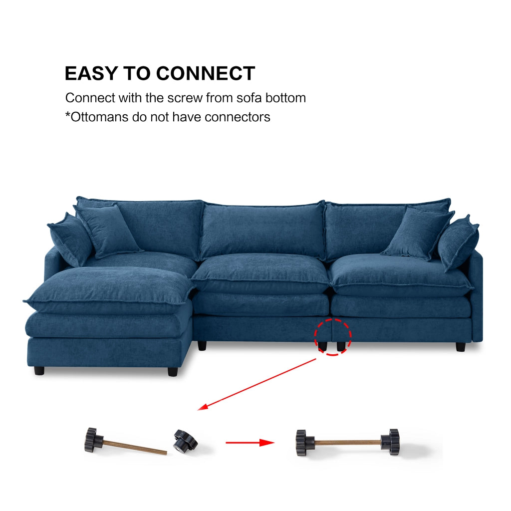 Divano angolare modulare a 3 posti con pouf mobile in ciniglia blu struttura in legno e cuscini sfoderabili