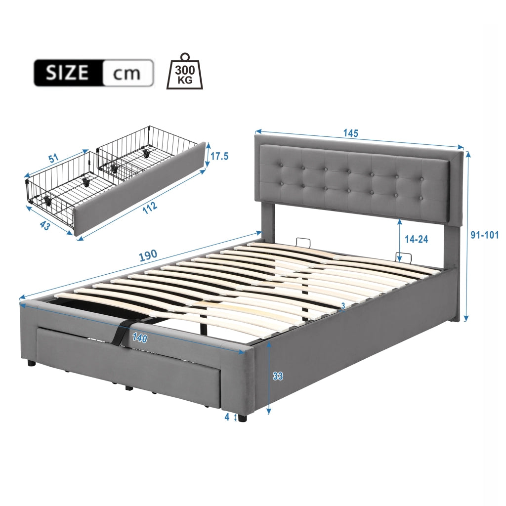 Letto contenitore 140 × 190 cm con testiera regolabile e 2 cassetti in velluto grigio