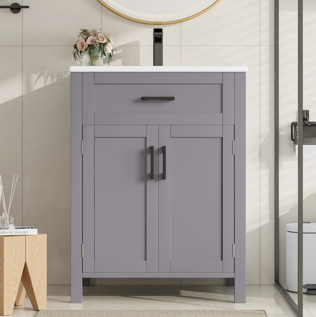 Mobile bagno grigio in MDF con lavabo in ceramica integrato, 60x46x84,8 cm, doppia anta e ripiani regolabili