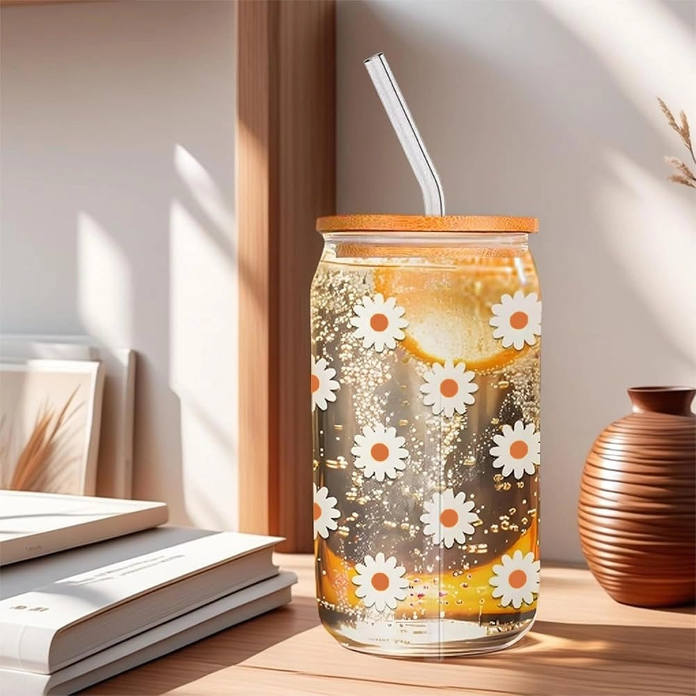 Bicchiere con coperchio e cannucce, capacità 500 ml, in vetro borosilicato