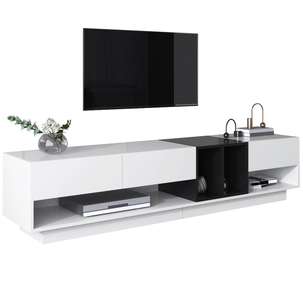 Mobile TV Lowboard in Bianco e Nero Lucido con Cassetti e Ripiani, 190x40x42 cm