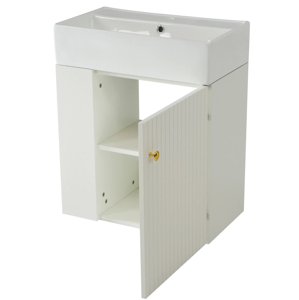 Mobile bagno sospeso bianco con lavabo in ceramica lucida 55 cm, design compatto per piccoli spazi