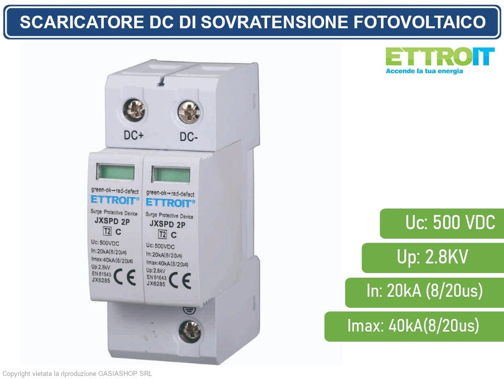 ETTROIT - SCARICATORE LIMITATORE DI SOVRATENSIONE DC PER FOTOVOLTAICO TIPO 2 T2 D 2P DC 500V 2.8KV 20KA OCCUPA 2 MODULI DIN