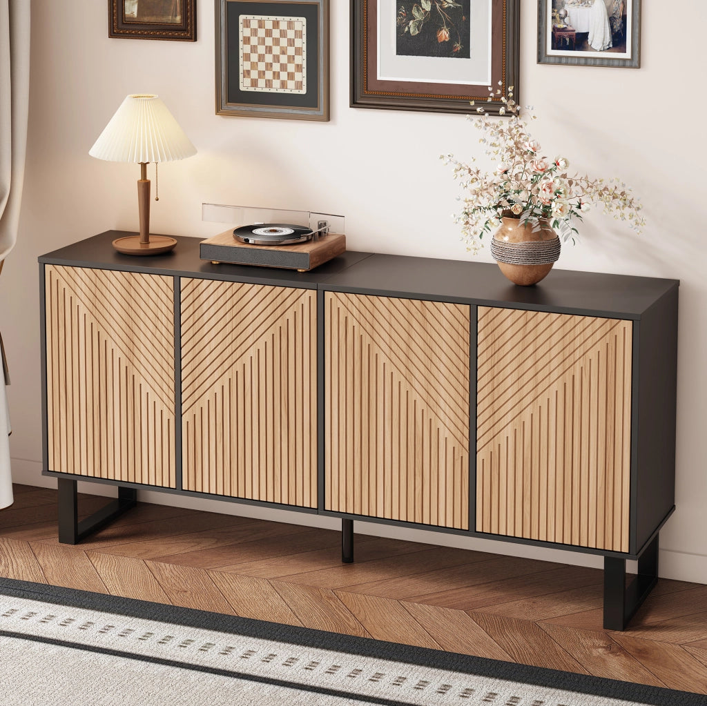 Mobile TV 160x38x75 cm in PB e MDF nero e naturale con ampio spazio contenitore