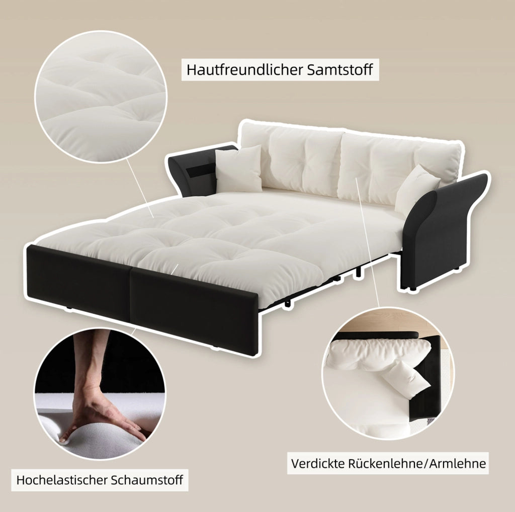DIVANO Letto estraibile 3 in 1 190 cm in velluto beige con 2 cuscini