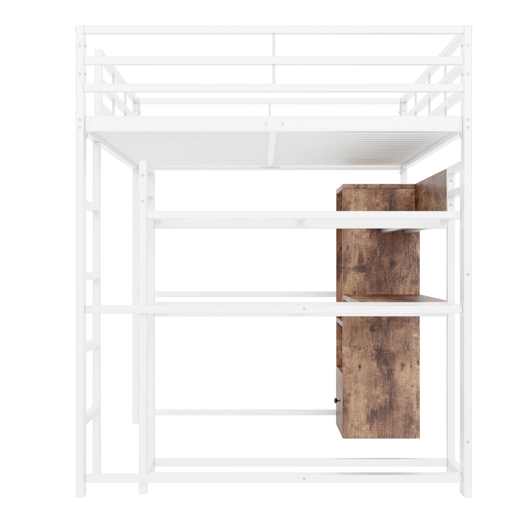 Letto a soppalco 140 × 200 cm con scrivania; cassetto; ripiani e LED; bianco