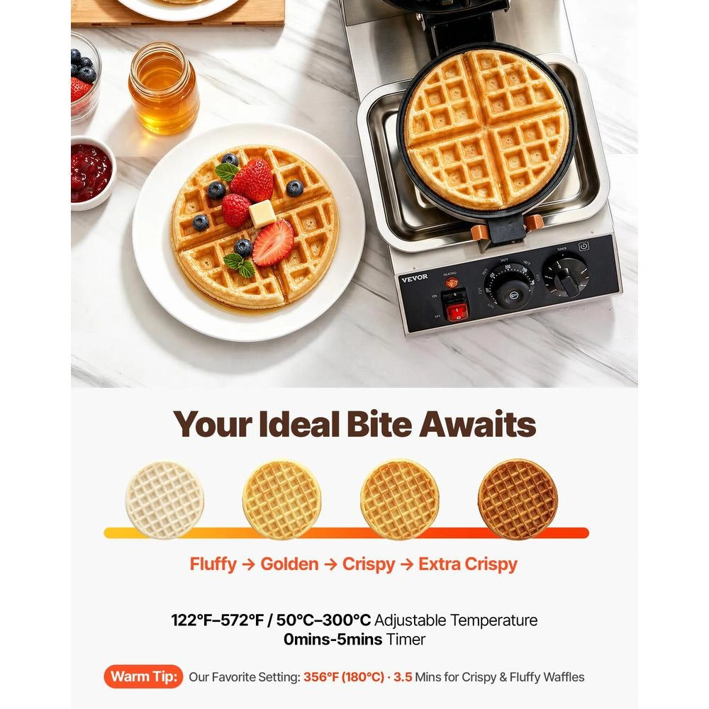 Macchina per Waffle Belga UWF-2205 in Acciaio Inox 1300W Piastra Antiaderente Rotonda 190,5 mm Regolabile 50-300 ℃ per Casa