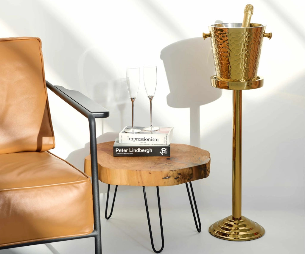 Portabottiglie per champagne Capri, con base, color oro, diametro 22 cm, altezza 83 cm