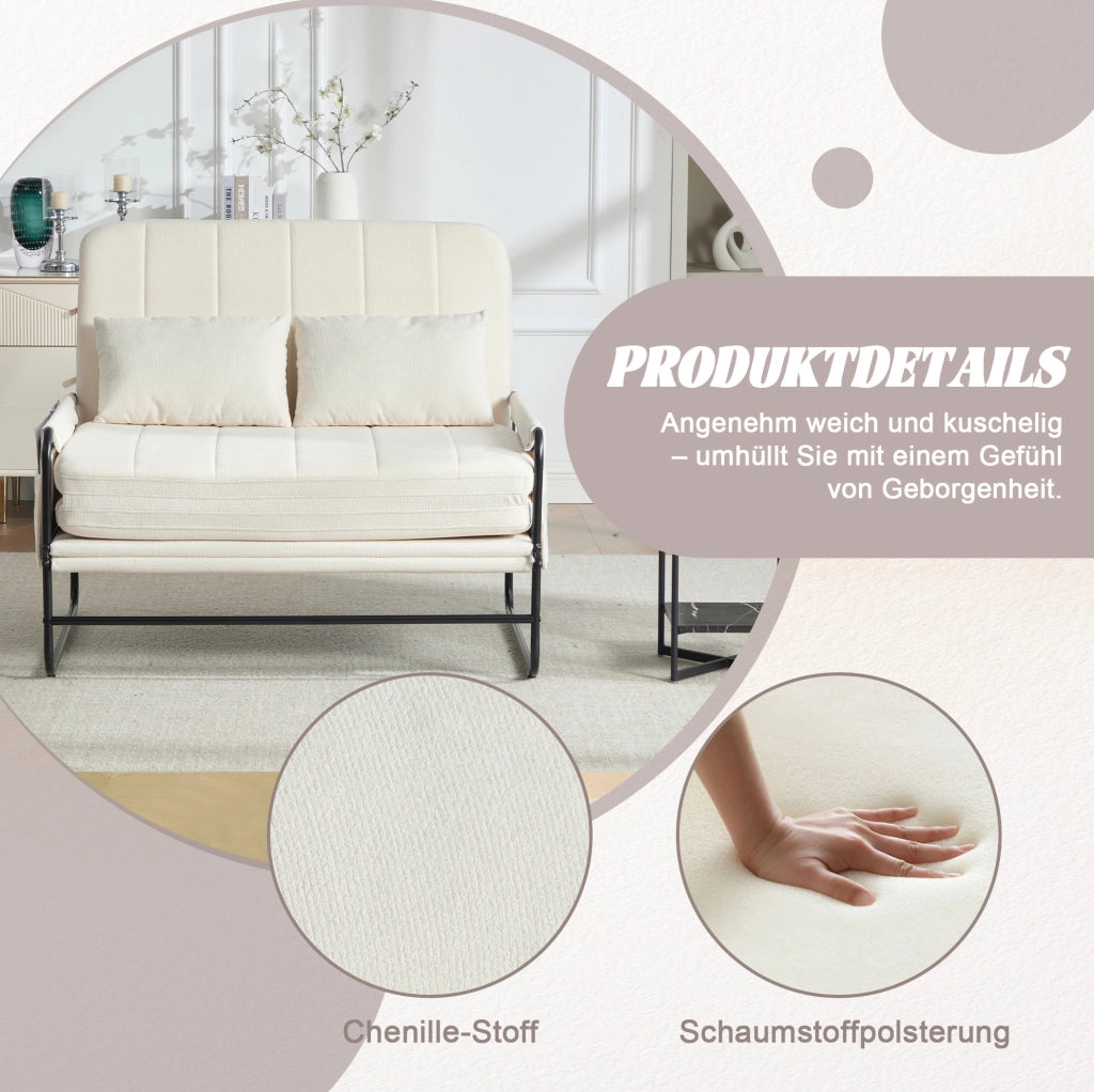 Divano letto a due posti in ciniglia beige con tasche laterali