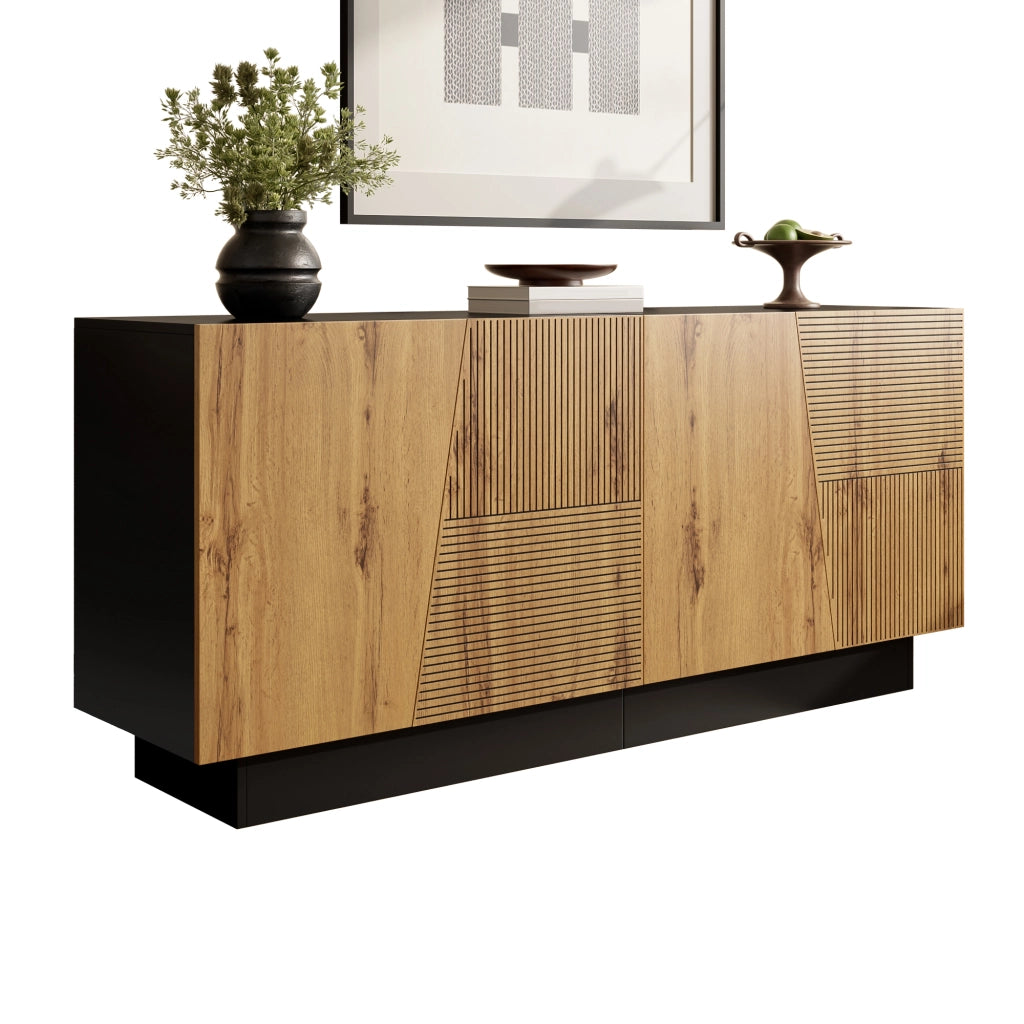 Credenza 160 × 40 × 72 cm con ripiano regolabile in pannello di particelle nero e legno per soggiorno e sala da pranzo