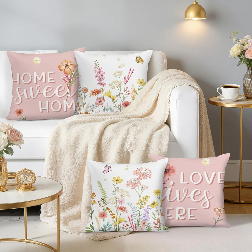 4 federe per cuscini in velluto, motivo fiori rosa, 45x45 cm, per divano e soggiorno